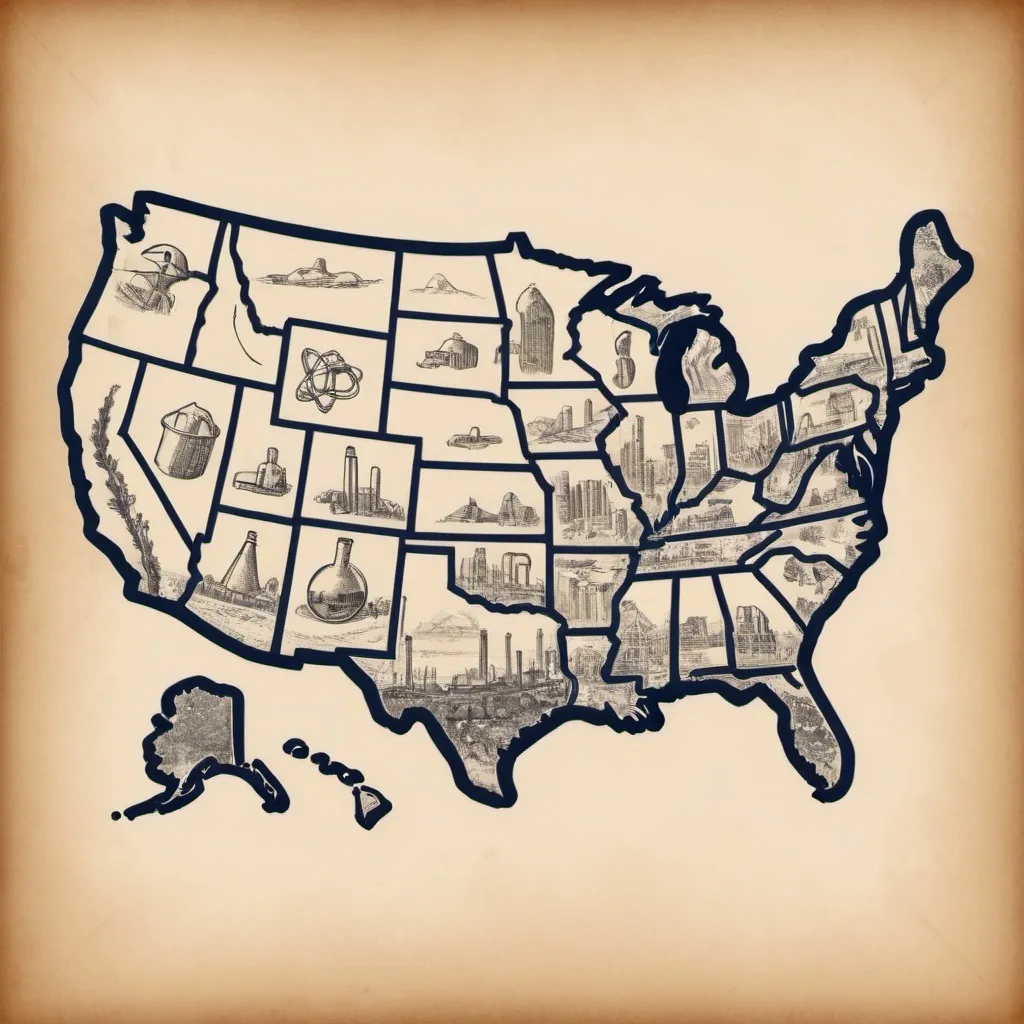 Prompt: "CHEMICAL BUSSINESSES" LOGO SKETCH, Includes Geographical Range OF USA,  vintage