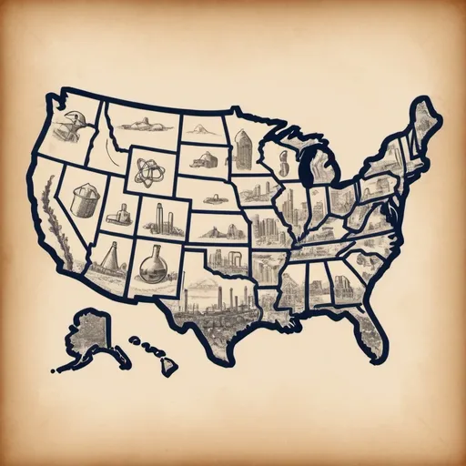 Prompt: "CHEMICAL BUSSINESSES" LOGO SKETCH, Includes Geographical Range OF USA,  vintage