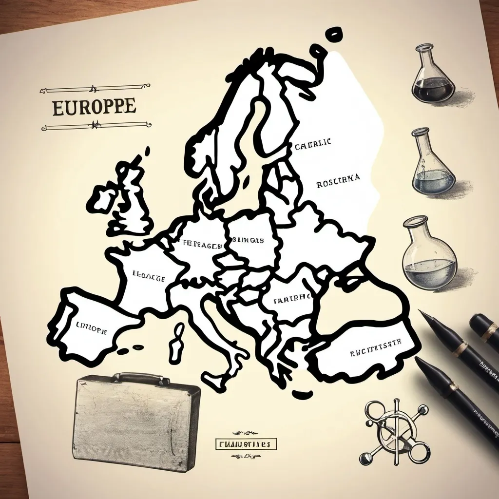 Prompt: "Geographical Range OF Europe" LOGO SKETCH, Includes CHEMISTRY ITEMS, vintage