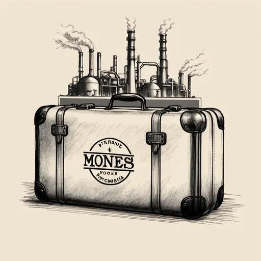 Prompt: "MONES SUITCASE" LOGO SKETCH, Includes PETROCHEMICAL PLANT, vintage