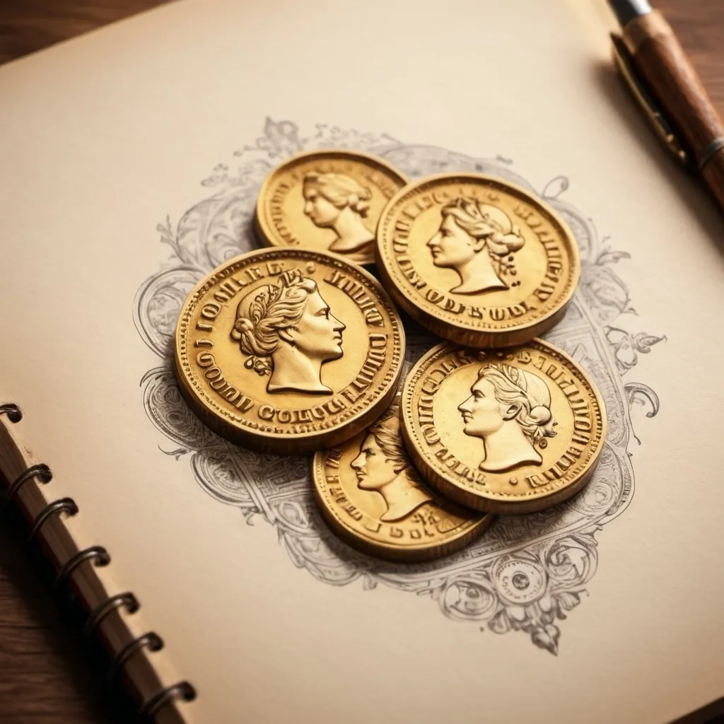 Prompt: "GOLD COINS on Book Page" LOGO SKETCH, vintage