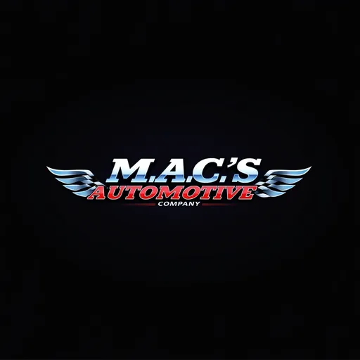 Prompt: automotive logo design, integrating a checkered Flag, bold and modern typography for M.A.C. (Mac's Automotive Company), vibrant blue and red accents, sleek black background, professional and dynamic feel, high resolution, appealing to car enthusiasts, eye-catching aviation-style emblem, symbolizing speed and reliability, contemporary silhouette elements, sharp lines and curves for motion impact, crisp design, refined aesthetic that embodies automotive strength.