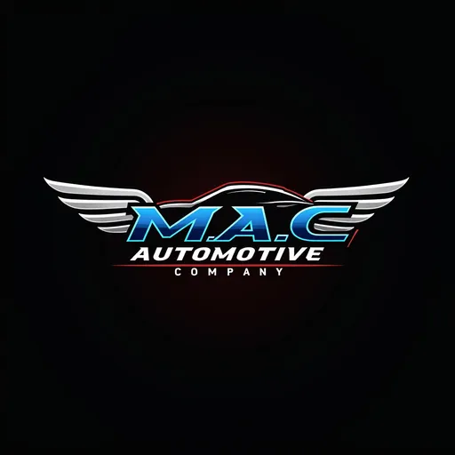 Prompt: automotive logo design, integrating a Race Car, bold and modern typography for M.A.C. (Mac's Automotive Company), vibrant blue and red accents, sleek black background, professional and dynamic feel, high resolution, appealing to car enthusiasts, eye-catching aviation-style emblem, symbolizing speed and reliability, contemporary silhouette elements, sharp lines and curves for motion impact, crisp design, refined aesthetic that embodies automotive strength.