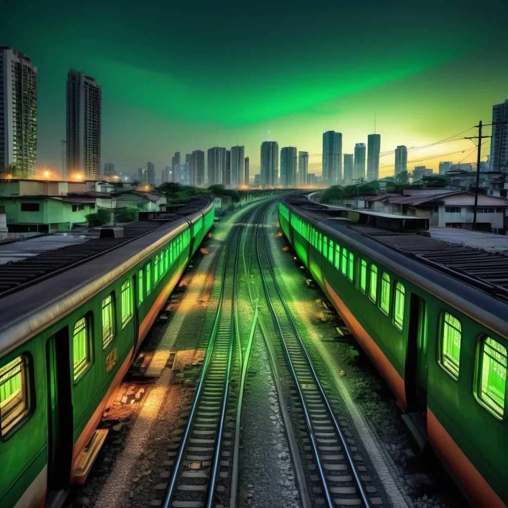 Prompt: a train track with a green light at the end of it and a city in the background with buildings, Ella Guru, hurufiyya, hdr, a photo