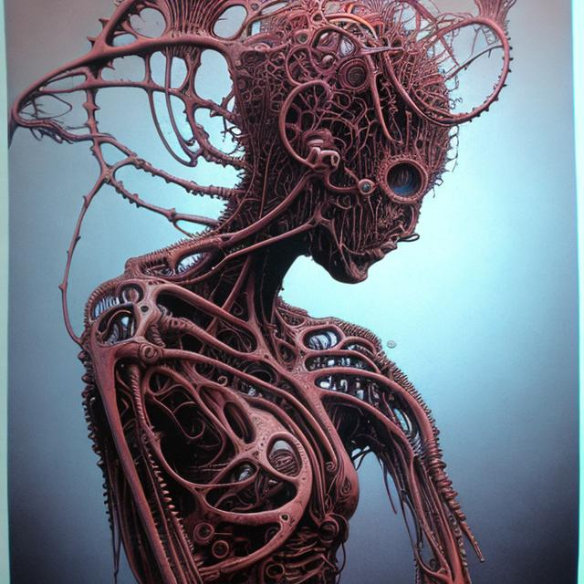 Prompt: print of a carnal biomechanical female figure inspired by Zdzisław Beksiński