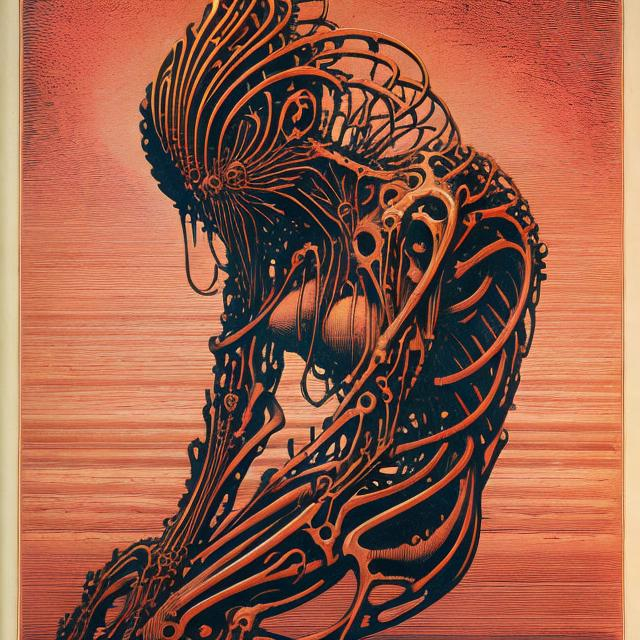 Prompt: woodcut print of a carnal biomechanical female figure inspired by Zdzisław Beksiński