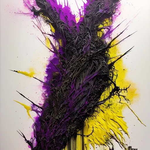 Prompt: dark bio-organic abstraction, chitinous structures, bones, muscle fibers, psychedelic, violet and yellow, stenciled, inspired by heavy metal