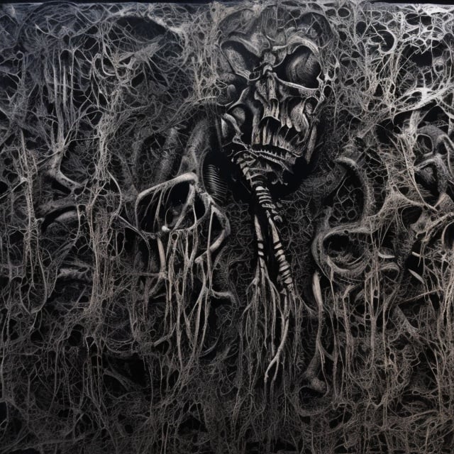 Prompt: dark bio-organic abstraction, chitinous structures, bones, muscle fibers, psychedelic, black and white, stenciled, inspired by heavy metal