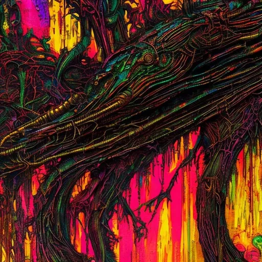 Prompt: dark bio-organic abstraction, chitinous structures, bones, muscle fibers, veins, alien structures, one central shape, psychedelic, bright colors, stenciled, inspired by heavy metal