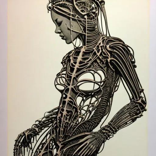 Prompt: woodcut print of a female figure study inspired by biomechanical drawings