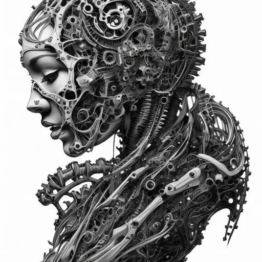 Prompt: black and white engraving print of a biomechanical woman