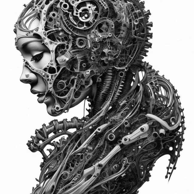 Prompt: black and white engraving print of a biomechanical woman