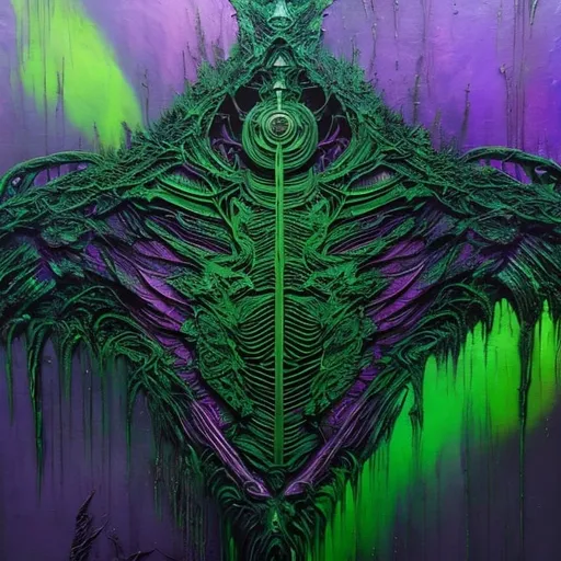 Prompt: dark bio-organic abstraction, chitinous structures, bones, muscle fibers, psychedelic, green and purple, stenciled, inspired by heavy metal