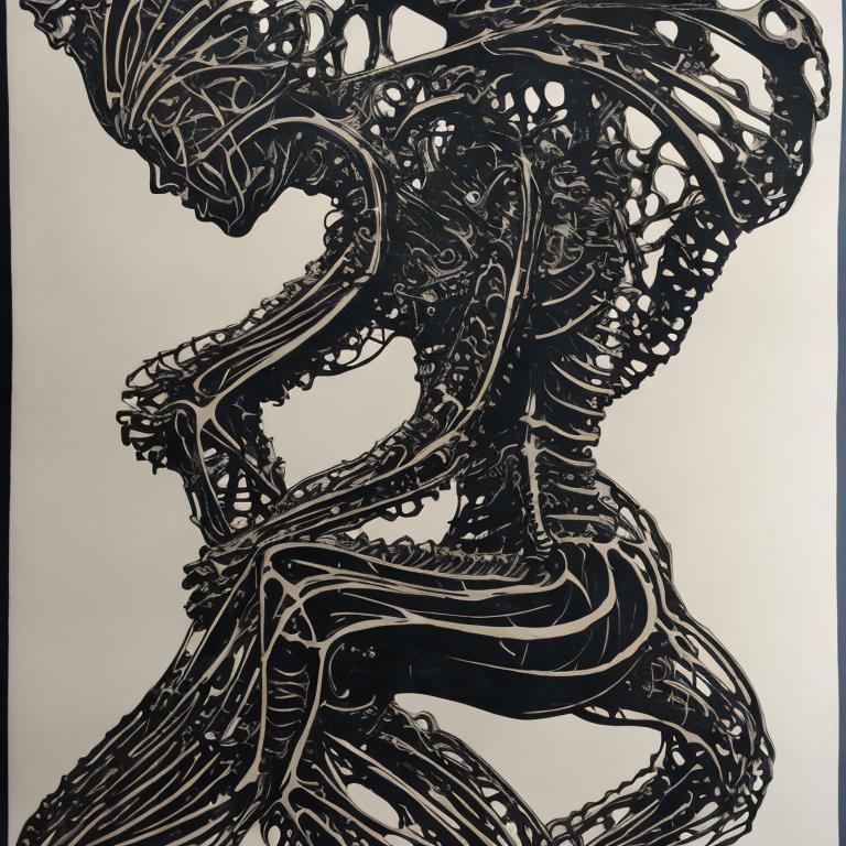 Prompt: Woodcut print of a female figure inspired by biomechanical drawings