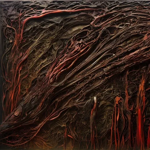 Prompt: dark bio-organic abstraction, chitinous structures, bones, muscle fibers, veins, one central shape, psychedelic, etching, inspired by heavy metal