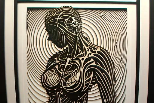 Prompt: Woodcut print of a female figure inspired by biomechanical drawings