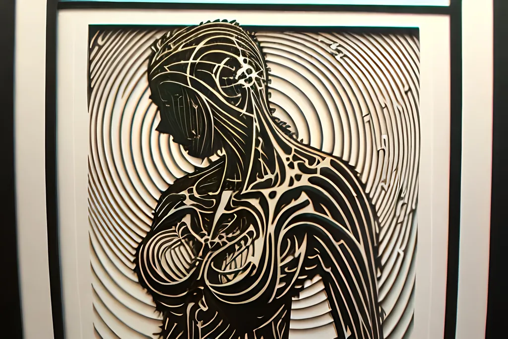 Prompt: Woodcut print of a female figure inspired by biomechanical drawings