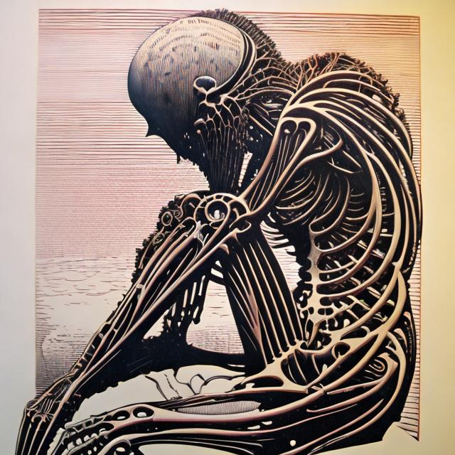 Prompt: woodcut print of an biomechanical female figure sitting inspired by Zdzisław Beksiński