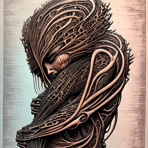 Prompt: woodcut print of an biomechanical female figure embrace inspired by Zdzisław Beksiński