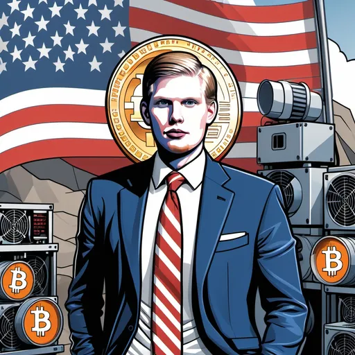 Prompt: A 2D digital illustration featuring a Bitcoin mining facility with American flags, a stylized portrait of Eric Trump, and a large Bitcoin logo. Add a banner with the text: “Eric Trump-Backed Miner Goes Public.” Use a clean, bold style with patriotic red, white, and blue tones, and Nasdaq or Wall Street symbolism in the