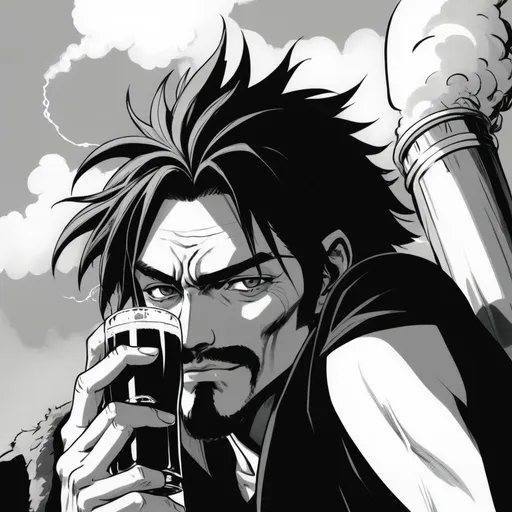 Prompt: manga scene close up, Portrait of a man with a big joint and a beer