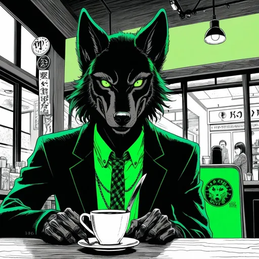 Prompt: Junji Ito manga style, man in coffee shop, manga scene close up, Portrait of a black wolf with a green fluo gothic sword 