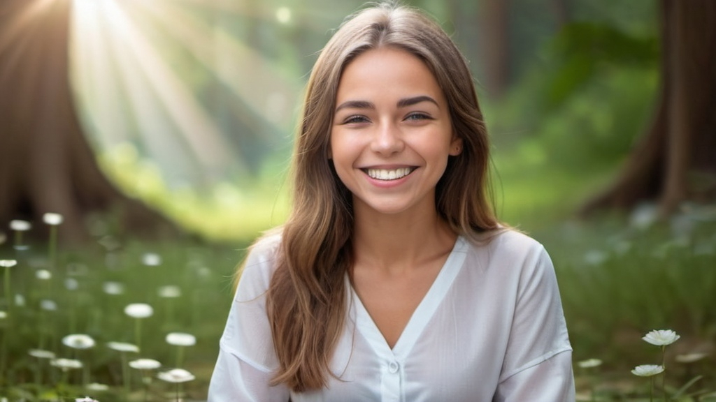 Prompt: beatiful girl doing mediation with big smile on with a background is a universal background where it describes quantum mechanics and bright silver lining with nature. the whole point it that mind shifts everything in the world.