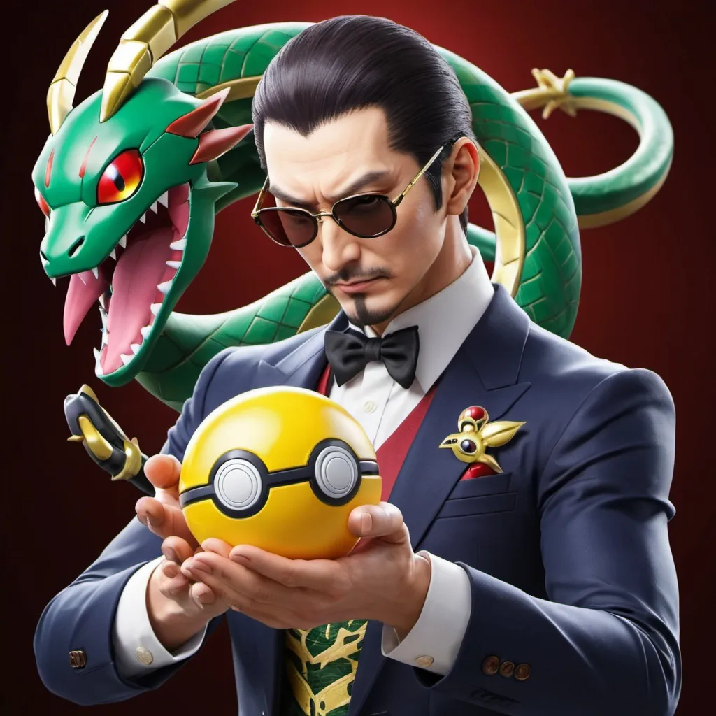 Prompt:   Goro Majima holding a pokemon ball with Rayquaza

