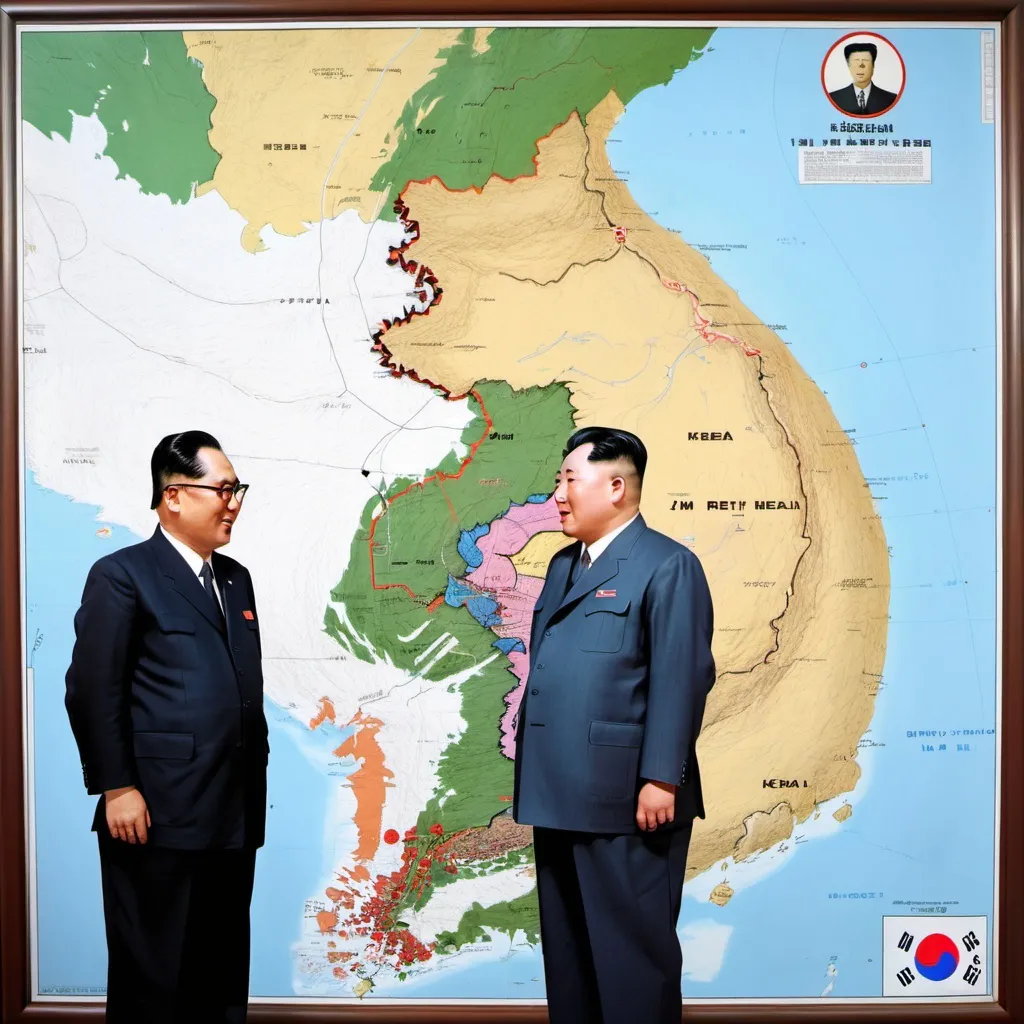 Prompt: Photos of key figures: Kim Il-sung (North) and Syngman Rhee (South).
A map highlighting the 38th parallel and the division of Korea