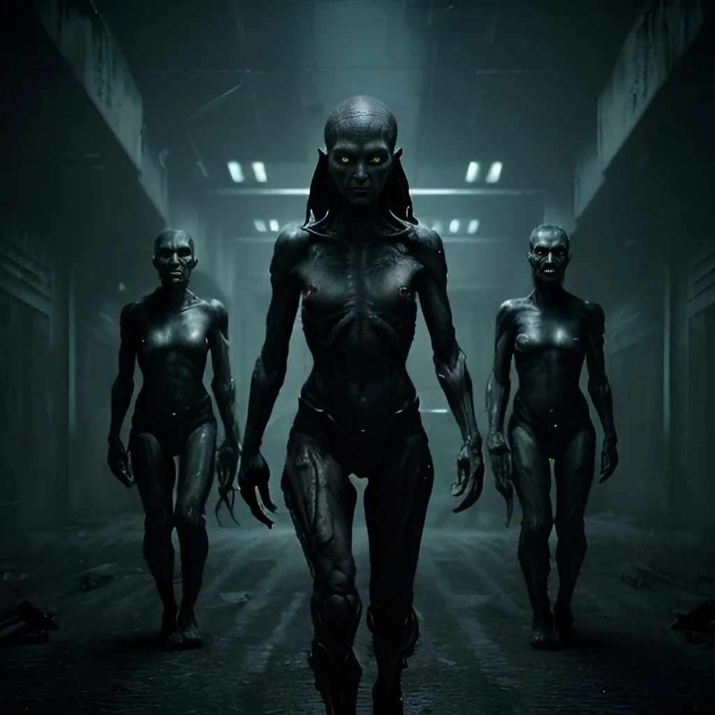 Prompt: (futuristic sci-fi scene), dark color scheme, (menacing half-human half-alien creatures), intense standoff, (haggard but stout humans), filled with courage and unity, (dreary concentration camp), foreboding atmosphere, feral expressions, bloodthirsty demeanor, high detail, (4K), cinematic lighting, shadows enhancing the menacing vibe.