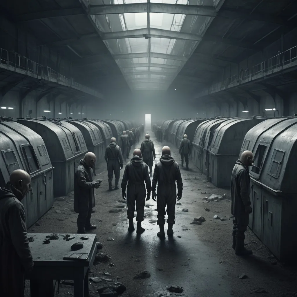 Prompt: Haggard humans in a futuristic concentration camp, (misc-macabre style), (muted color scheme), disheveled and dirty, a quarter alien, 75% human, (disfigured aliens overseeing), bleak and oppressive atmosphere, added details of industrial confinement, shadowy environments, (4K ultra-detailed), eerie lighting and textures to enhance the grim mood, haunting expressions of despair and survival.