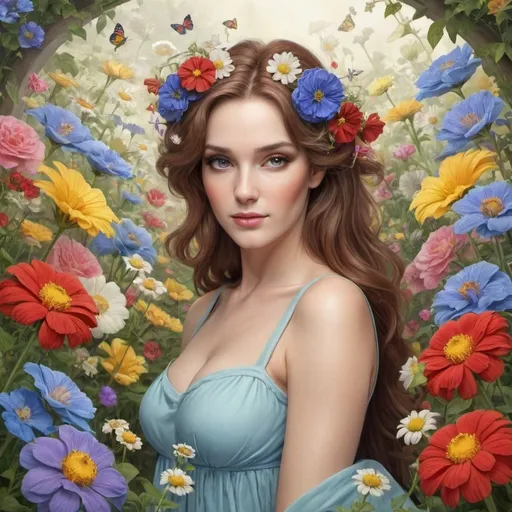 Prompt: A beautiful gemini lady in the garden of flowers