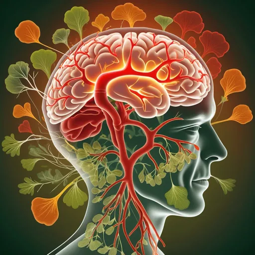 Prompt: An intricate scientific illustration depicting the effects of herbal medicine on combating oxidative stress in Parkinson's disease. The central focus is a human brain with neural pathways affected by Parkinson's, highlighted in soft red or orange tones to show inflammation or oxidative damage. Surrounding the brain are various medicinal herbs like ginkgo biloba, curcumin, and green tea leaves, represented with vibrant green and earthy tones. These herbs are illustrated releasing protective energy or molecules toward the brain, shown in glowing, healing waves or particles. The background fades into a cellular-level view, with oxidized molecules being neutralized by herbal compounds. Soft, flowing lines symbolize the reduction of oxidative stress, highlighting the positive effects on brain health. No text or chemical structures are present, emphasizing the natural healing power of the plants