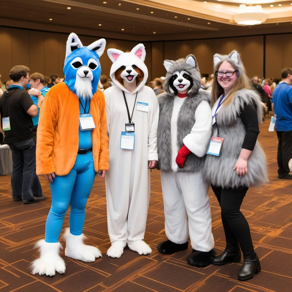 Prompt: convention vendor show about opossoms. the attendees are people dressed as furry opossoms