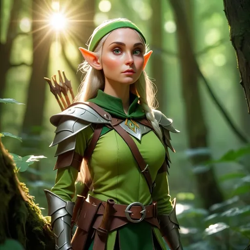 Prompt: Elf ranger in a mystical forest around sunlight