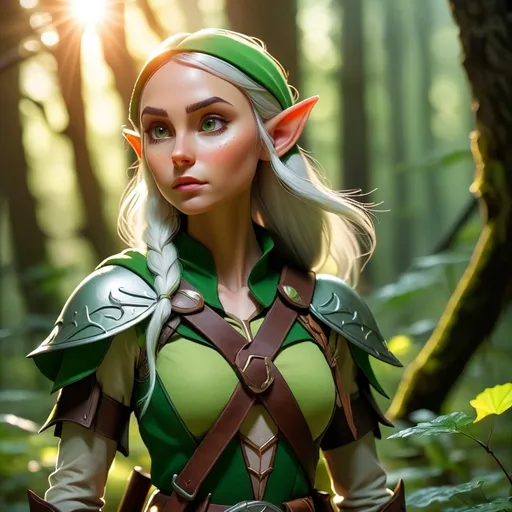 Prompt: Elf ranger in a mystical forest around sunlight