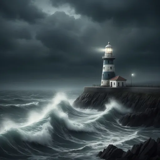 Prompt: melancholic surroundings, the sound of the sea, the sea, a touch of sadness, possibly a lighthouse, eternity