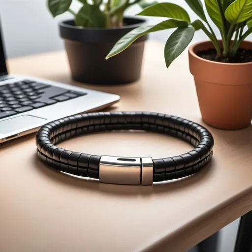 Prompt: a black leather bracelet with a magnetic clasp on a table next to a potted plant and a computer keyboard, Andries Stock, new objectivity, product photo, a stock photo