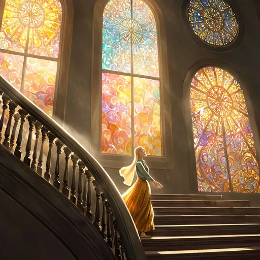 Prompt: Envision a determined girl with face facing towards stairs, clad in modest yet stylish full pants, ascending a grand staircase that spirals upward into a softly illuminated dome, symbolizing her journey of success. The stairs, adorned with intricate patterns, invite her upward in a world bathed in warm, golden light that filters through stained glass windows, casting colorful reflections on the walls. Each step she takes resonates with purpose, her expression a mixture of resolve and hope. Wisps of ethereal mist swirl around her, adding an air of dreams and ambition. The atmosphere is uplifting and inspiring, punctuated by a soft, ambient glow that highlights her ascent. The art style should reflect a cinematic lighting approach, emphasizing the contrast of light and shadows, enhancing the mood of triumph and perseverance.