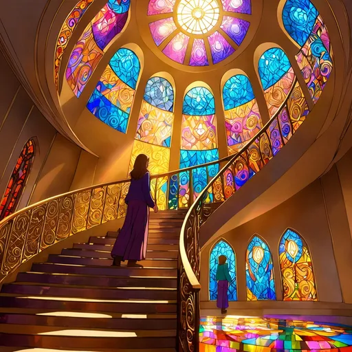 Prompt: Envision a determined girl with face facing towards stairs, clad in modest yet stylish full pants, ascending a grand staircase that spirals upward into a softly illuminated dome, symbolizing her journey of success. The stairs, adorned with intricate patterns, invite her upward in a world bathed in warm, golden light that filters through stained glass windows, casting colorful reflections on the walls. Each step she takes resonates with purpose, her expression a mixture of resolve and hope. Wisps of ethereal mist swirl around her, adding an air of dreams and ambition. The atmosphere is uplifting and inspiring, punctuated by a soft, ambient glow that highlights her ascent. The art style should reflect a cinematic lighting approach, emphasizing the contrast of light and shadows, enhancing the mood of triumph and perseverance.show as if climbing towards stairs going upwards 