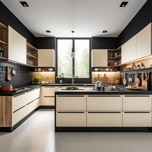 Prompt: Modern style kitchen cabinet design with combination of cream wood and black wood