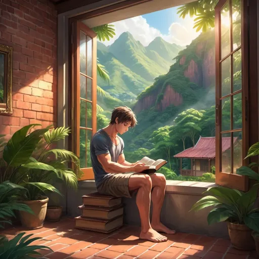 Prompt: anime art. a muscular young man siting reding the bible in the tropical mountains, breck House with glass doors 