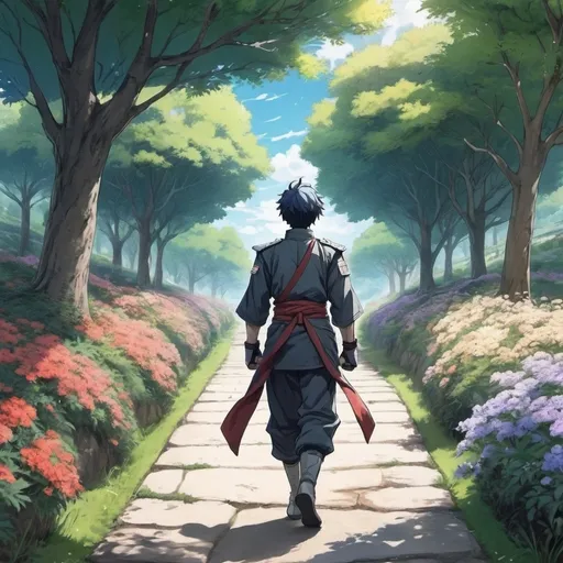 Prompt: a fighter walking down a beautiful path. anime art drawing