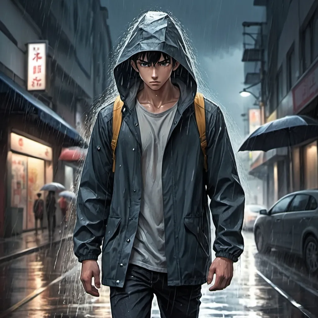 Prompt: anime art. a strong young man walking in the dark rain, on city streets. rain jacket hood up. heavily raining, cloudy
 
