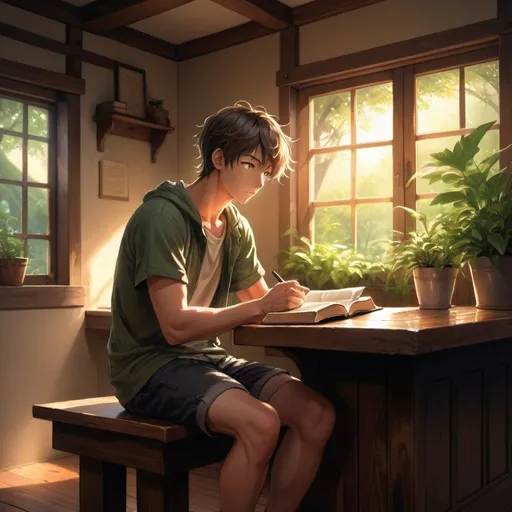 Prompt: anime art. strong young man siting at a dark wooden counter in a coffee shop, reading Bible, sun rising throw Windows, green plants.