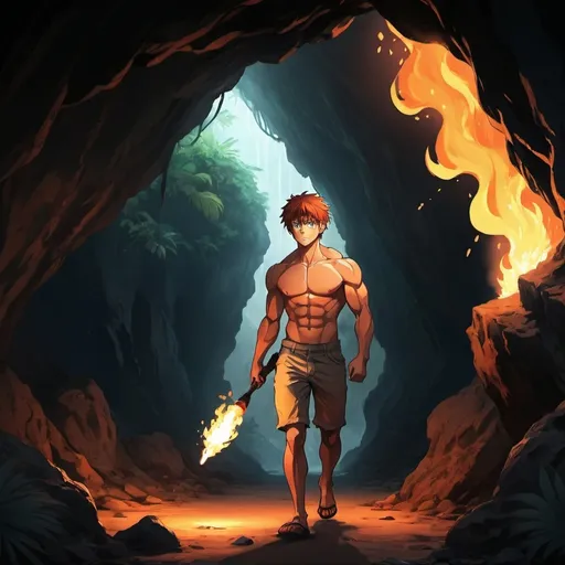 Prompt: anime art. a muscular young man walking into a dark tropic cave with a flaming torch.