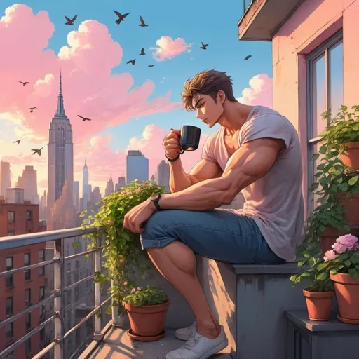 Prompt: anime art. strong muscular young man sitting on a city roof top balcony drinking steaming coffee, table chair, green plants vine flowers birds singing. big New York colorful city pink, orange and blue skies.