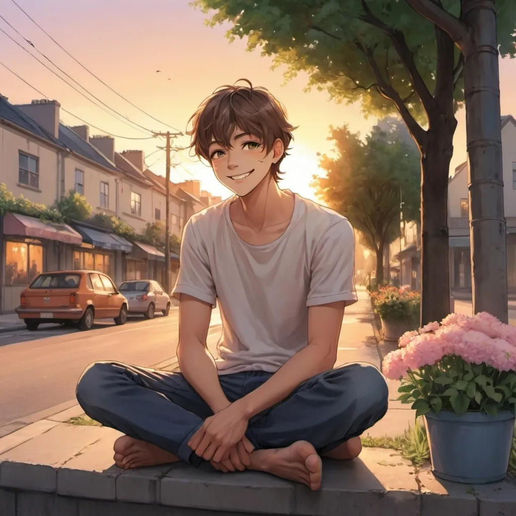 Prompt: anime art. a peaceful smiling young man sitting outside by a street with trees and flowers in the sunset.