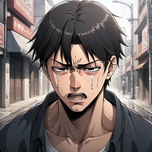 Prompt: anime art. a young strong man crying out with tears, on a street.