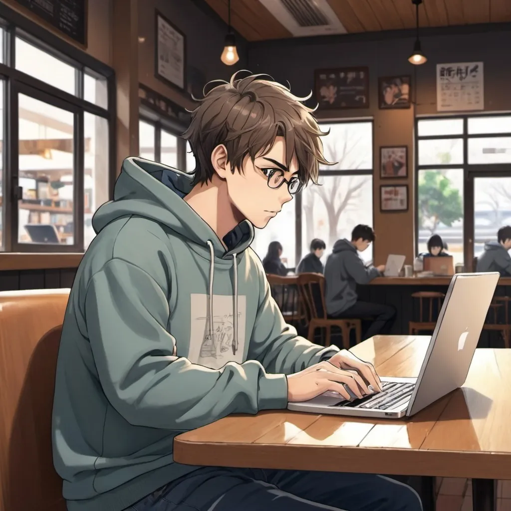 Prompt: anime art. a strong young man with a sweatshirt studying on the computer with his phone and a not book on a desk in a coffee shop   